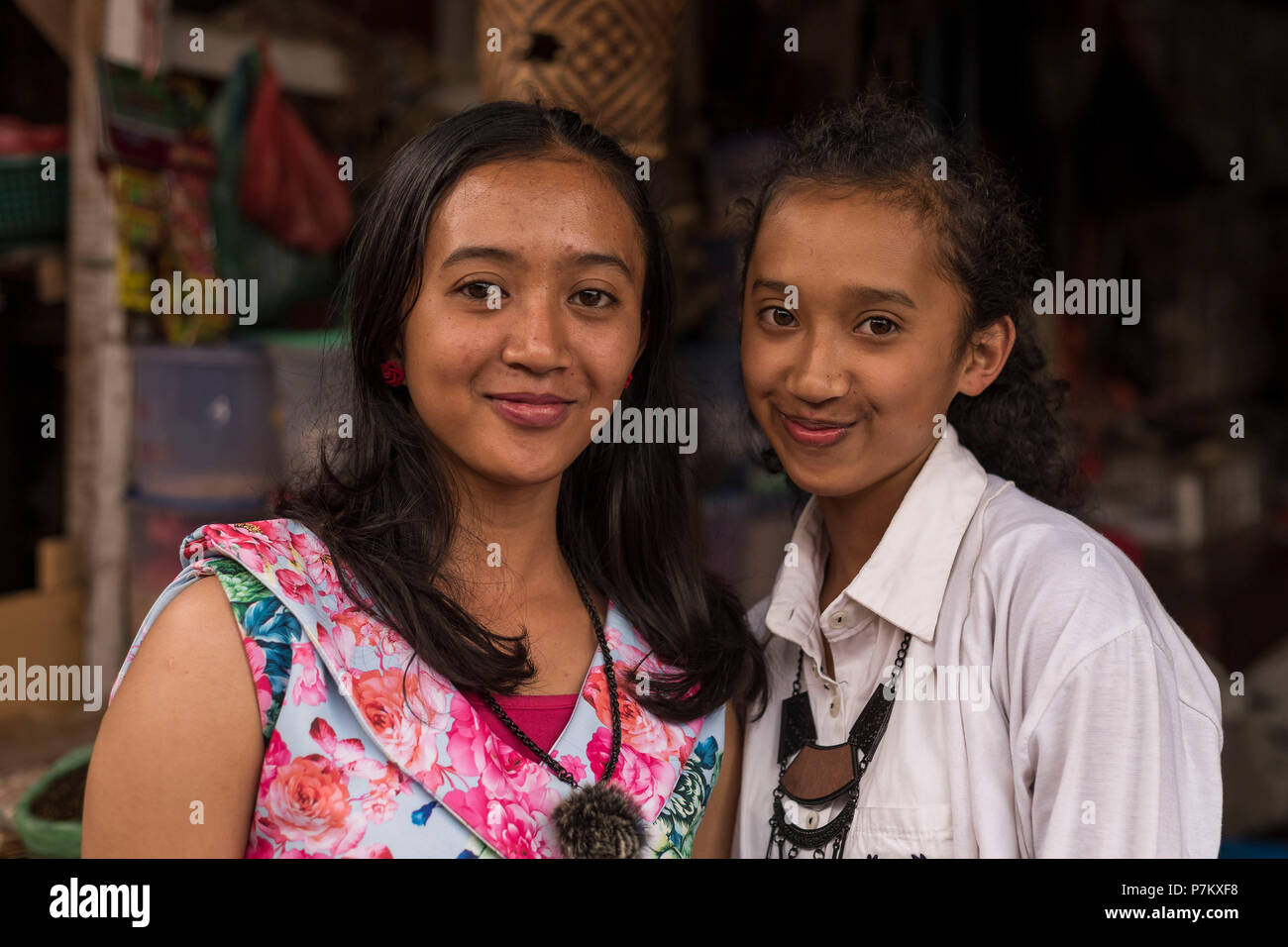 Indonesian girls in the market square of Berastagi Stock Photo