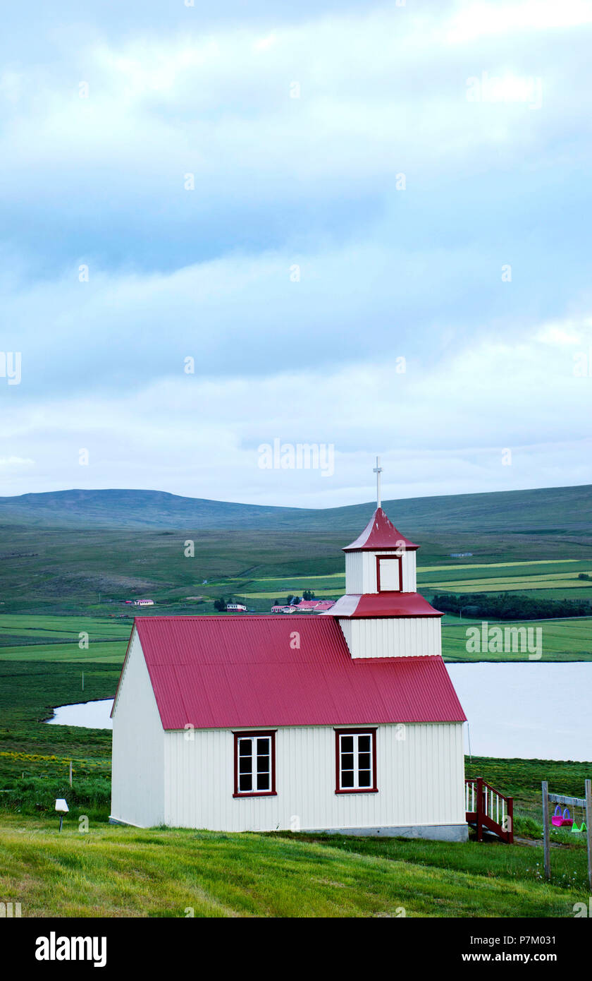 Hill, lake, Svinavatn, church, Iceland Stock Photo