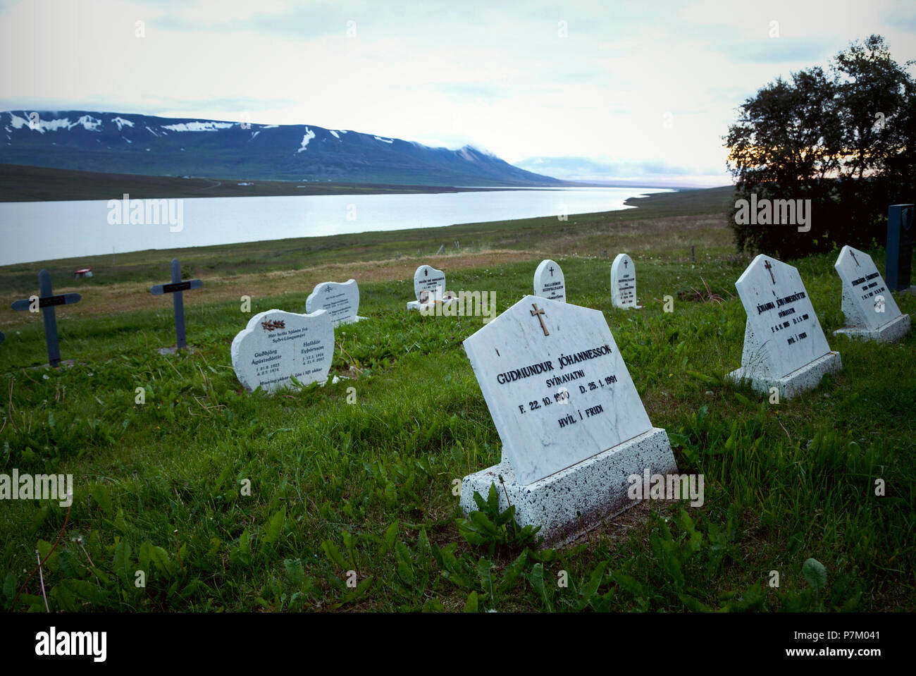 Hill, lake, Svinavatn, cemetery, Iceland Stock Photo