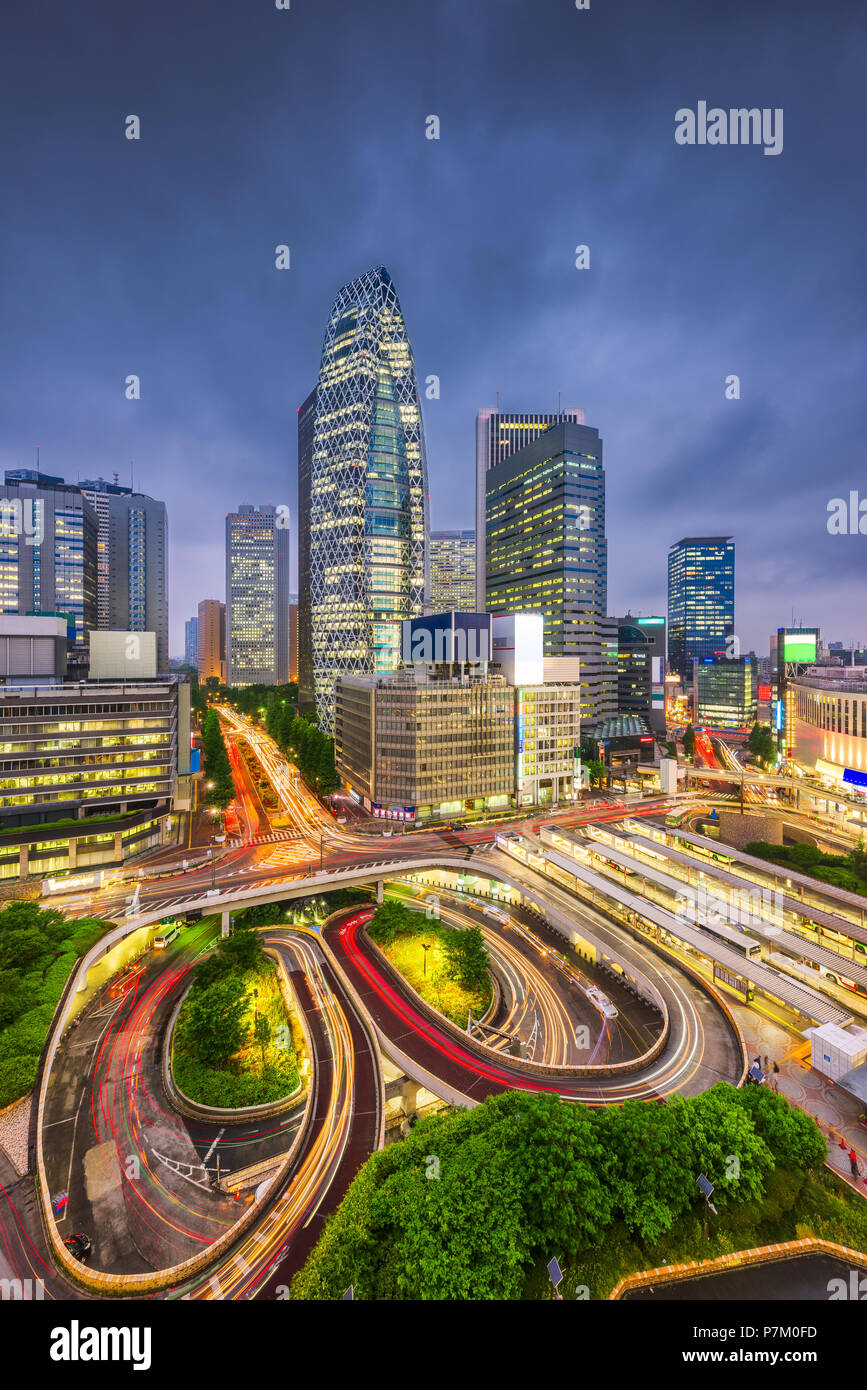 Tokyo, Japan cityscape over traffic loops in the Shinjuku financial district at night. Stock Photo