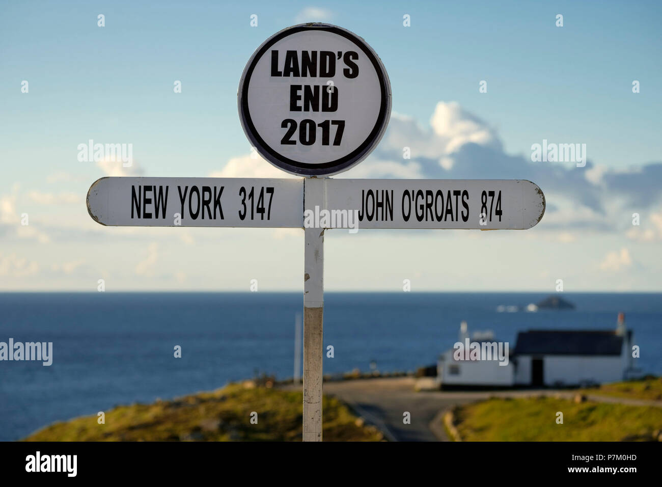 Land's End signpost, Land's End, Cornwall, England, United Kingdom Stock Photo