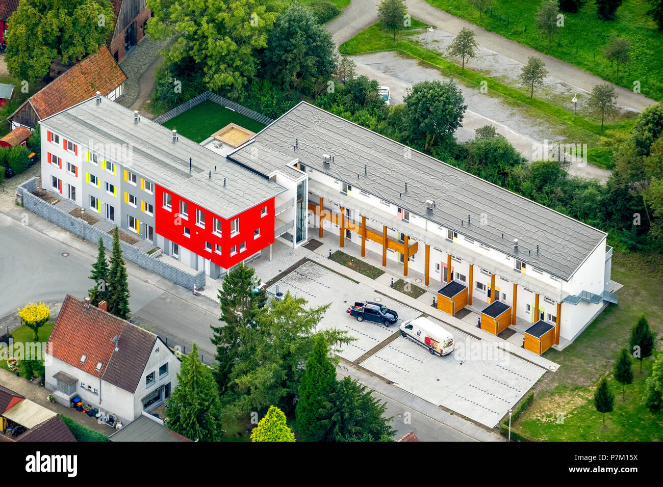 Aerial photo, Mehrgenerationshaus (multi-generation house) Mendener Straße, Hamm, Ruhr area, North Rhine-Westphalia, Germany Stock Photo