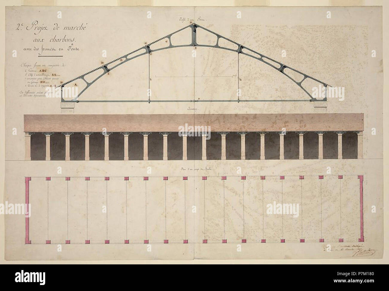 2e projet de marché aux charbons avec des fermes en Fonte - diessé par l'architecte soussiqué à 12 décembre 1817 Baltard. Stock Photo