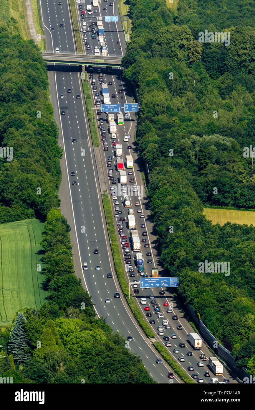 Traffic jam on A2 Autobahn (motorway) at Kamener Kreuz interchange, slip road, trucks, Bergkamen, Ruhr area, North Rhine-Westphalia, Germany Stock Photo