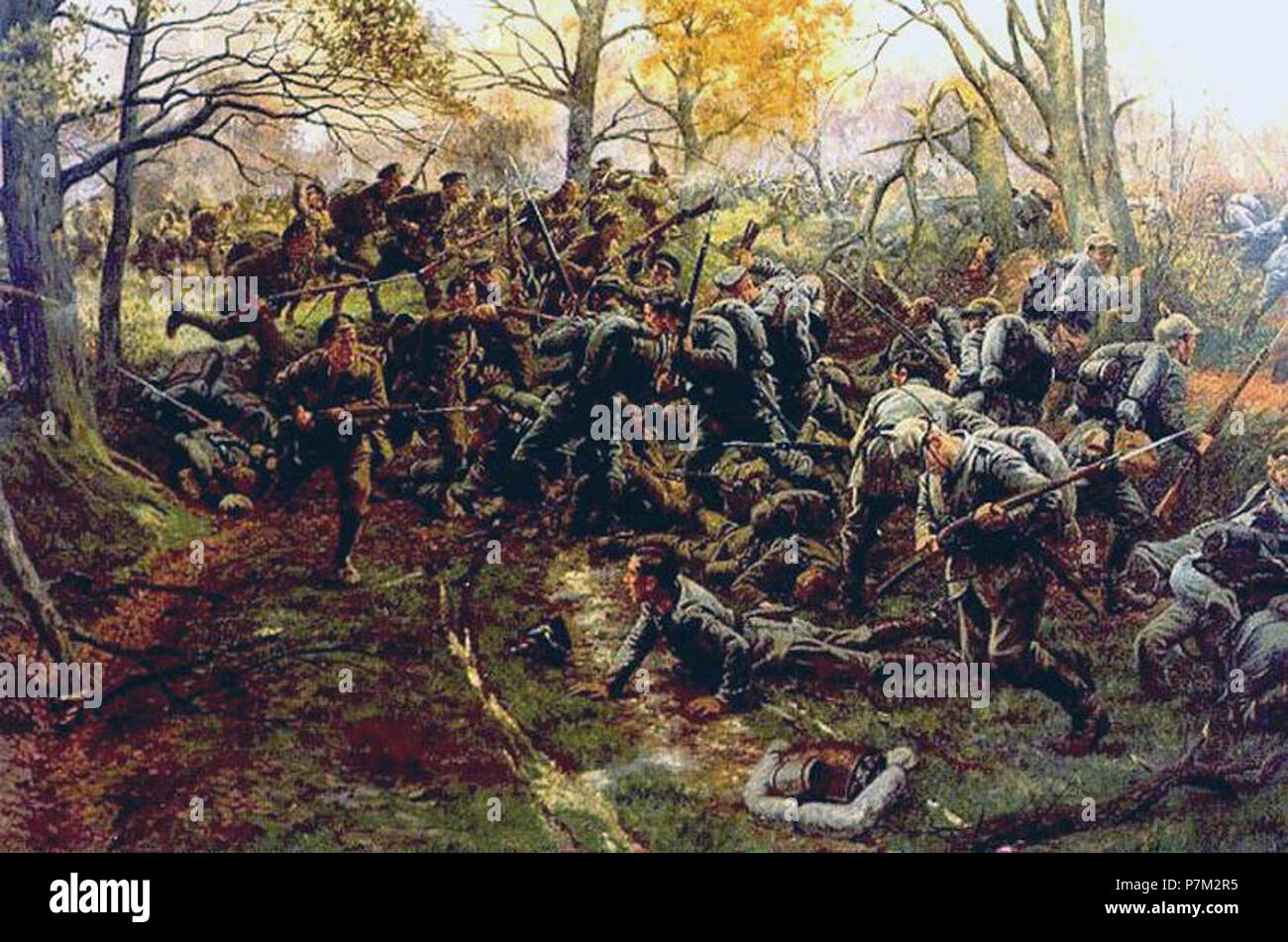 2nd Ox & Bucks Nonne Bosschen defeating the Prussian Guard 1914 by W.B. Wollen. Stock Photo