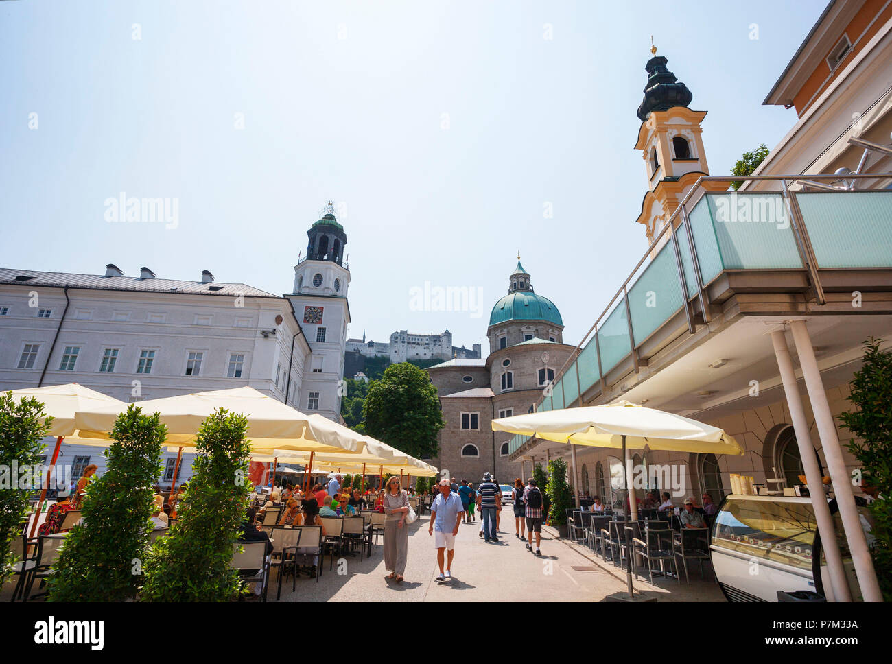 Austria, Salzburg, old town, Mozart Square, Salzburg Cathedral, Hohensalzburg Castle, Stock Photo