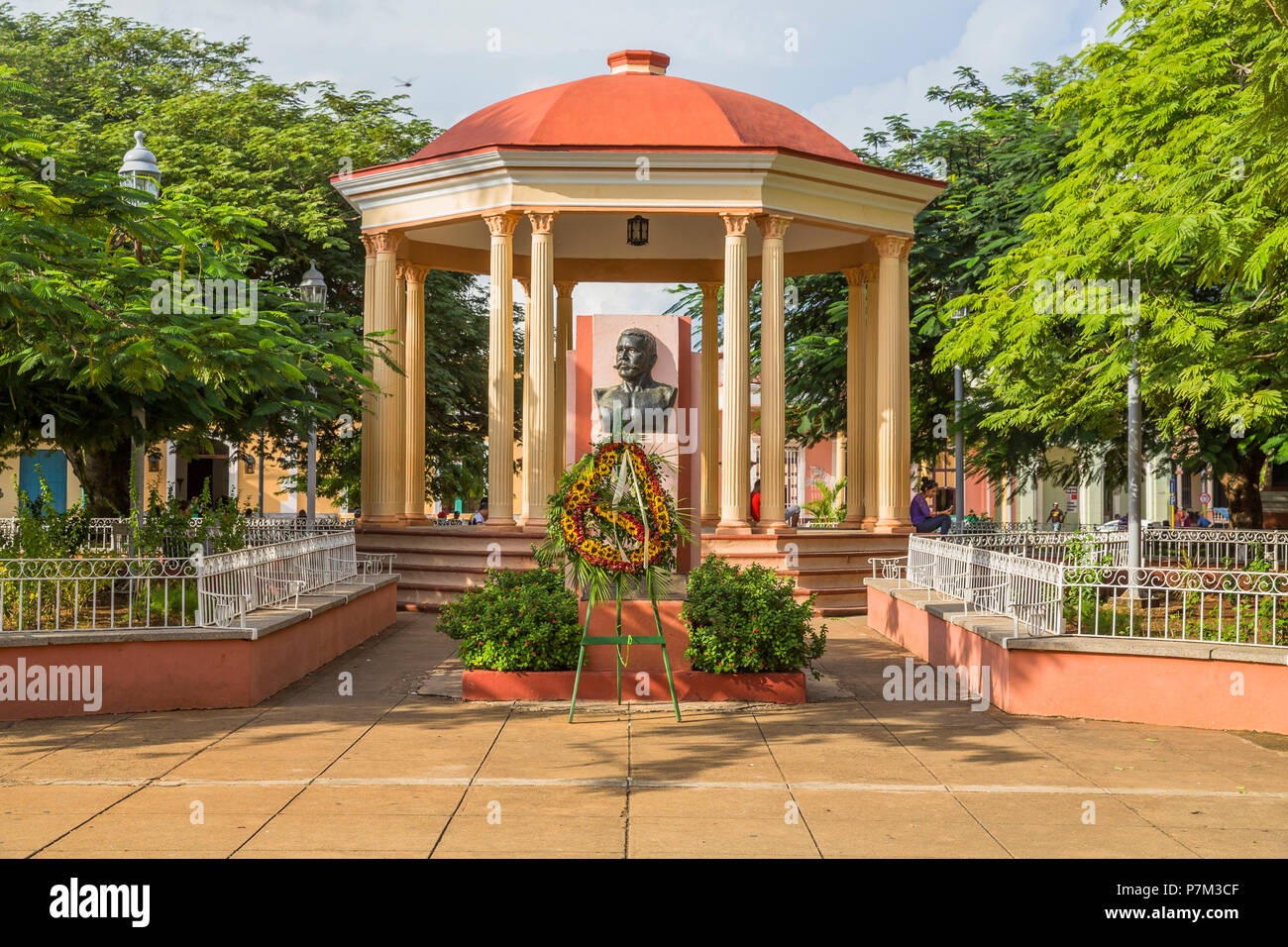 Pavilion with monument of Antonio Maceo, 1845-1896, Cuban general and independence fighter, Plaza Marti, Remedios, Villa Clara Province, Cuba, Republic of Cuba, Greater Antilles, Caribbean Stock Photo