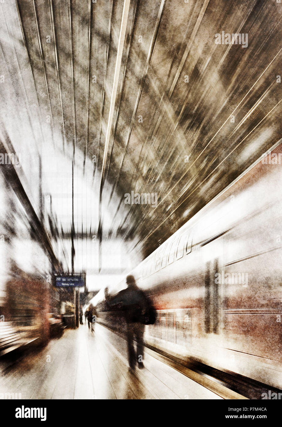Platform, travelers walking along a train, backlight, alienated, [M], RailArt Stock Photo
