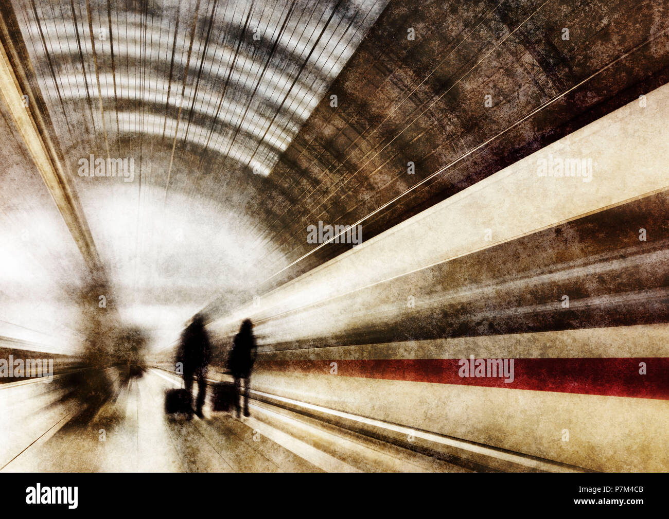 Platform, two travelers walking along a train, backlight, alienated, [M], RailArt Stock Photo
