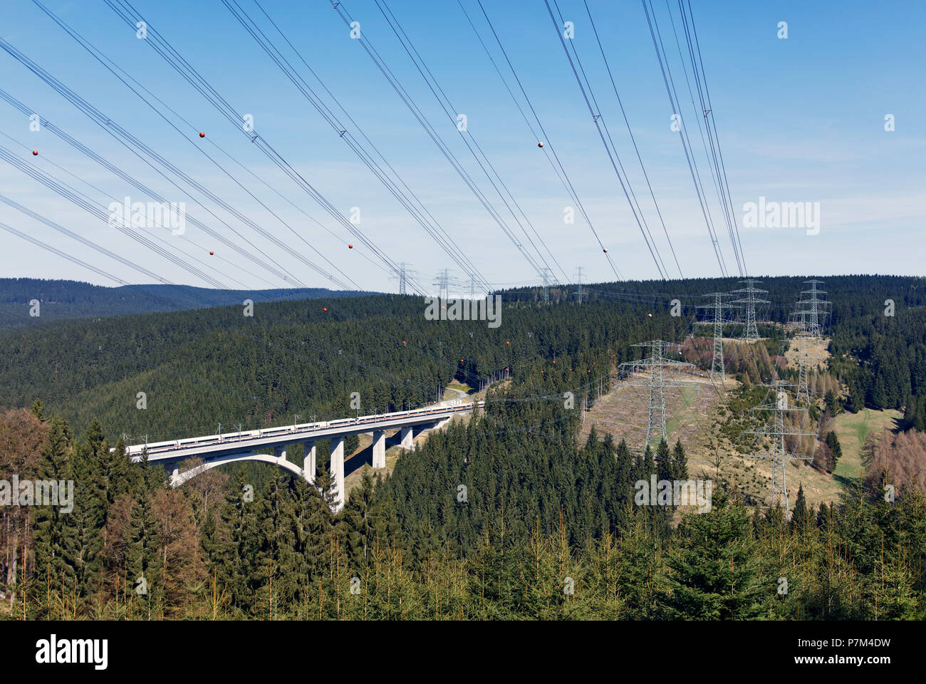 Train, bridge, forest, high voltage power lines Stock Photo