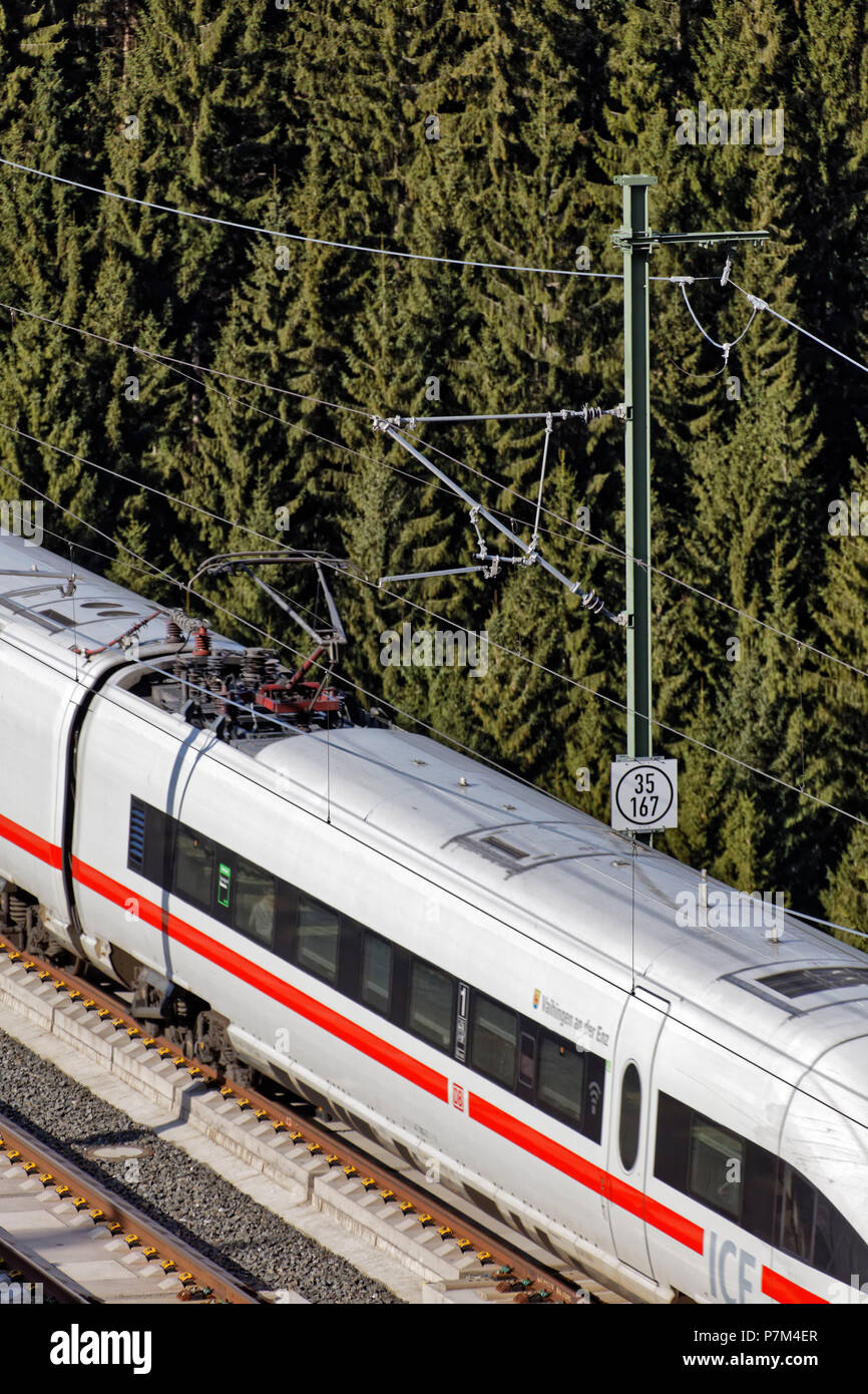 Train, mast, overhead line, pantograph, forest Stock Photo