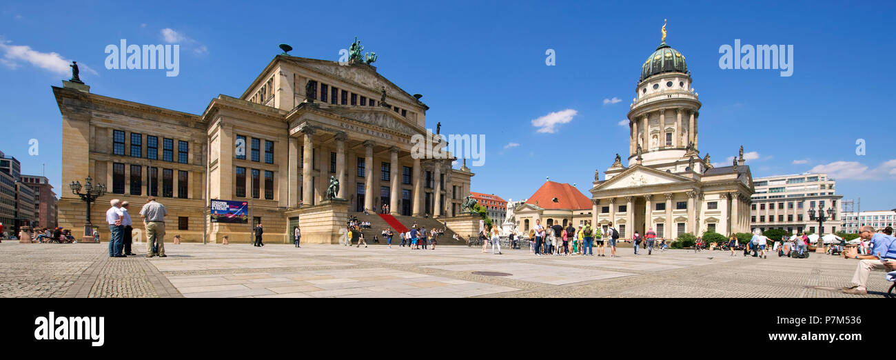 Germany, Berlin, Mitte district, Gendarmenmarkt square, the Schauspielhaus theater (Konzerthaus) and French church built between 1701 and 1705 by architects Louis Gayard Stock Photo