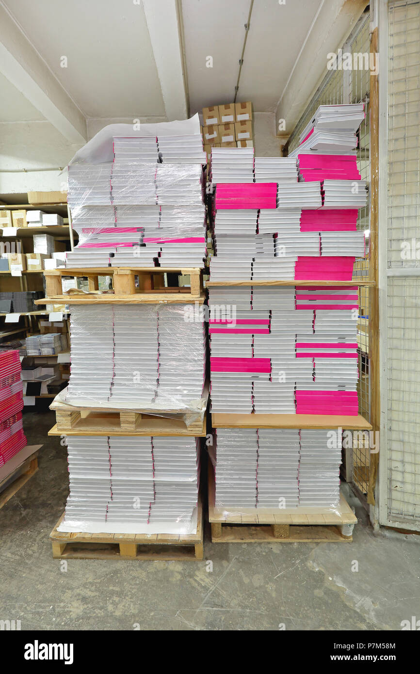 New books at pallets in storage warehouse Stock Photo Alamy