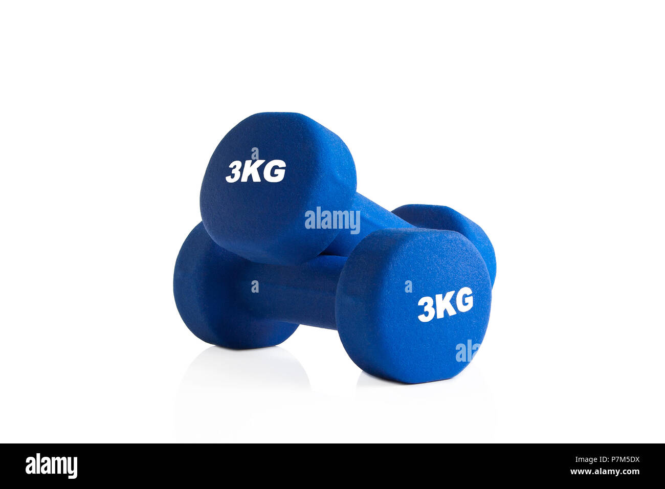 3kg pair of blue dumbbells isolated on a white background. Stock Photo