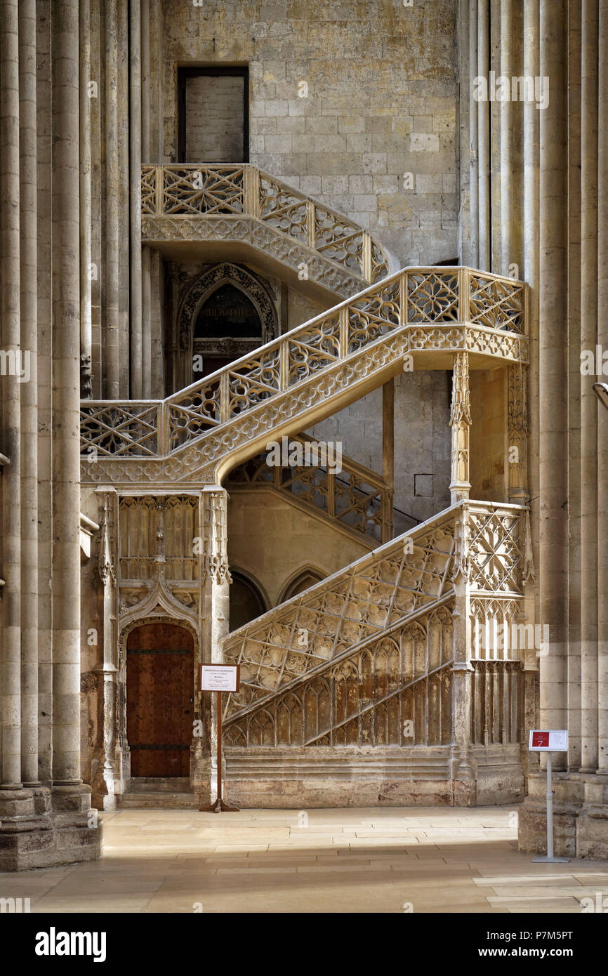 France, Seine Maritime, Rouen, the Notre Dame cathedral, staircase known as of the booksellers (libraires), typical of the Gothic style Stock Photo