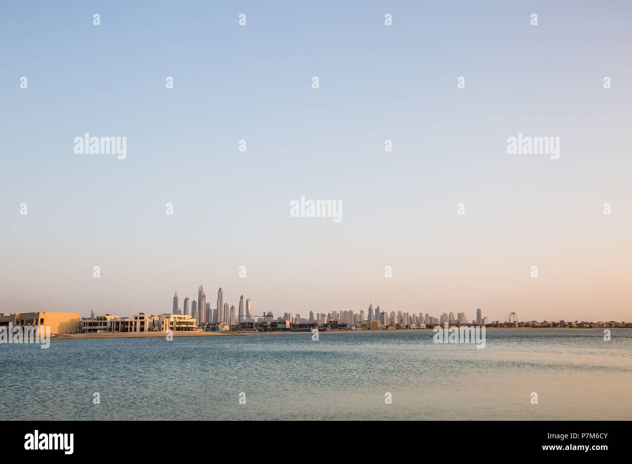 United Arab Emirates, Skyline of Dubai, taken from the palm area, sky, copy space Stock Photo