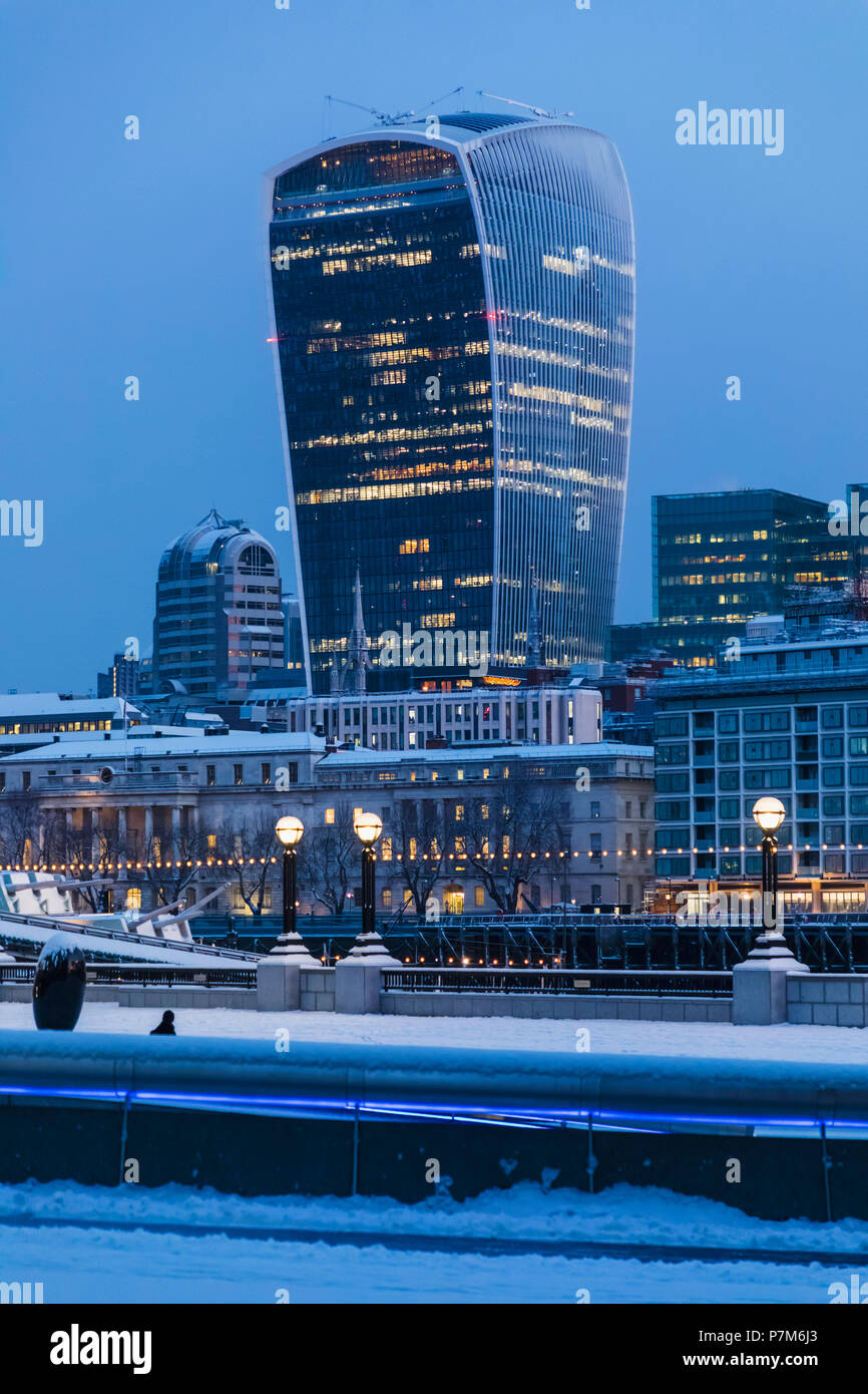 England, London, City of London, Walkie Talkie Building and City Skyline in The Snow Stock Photo