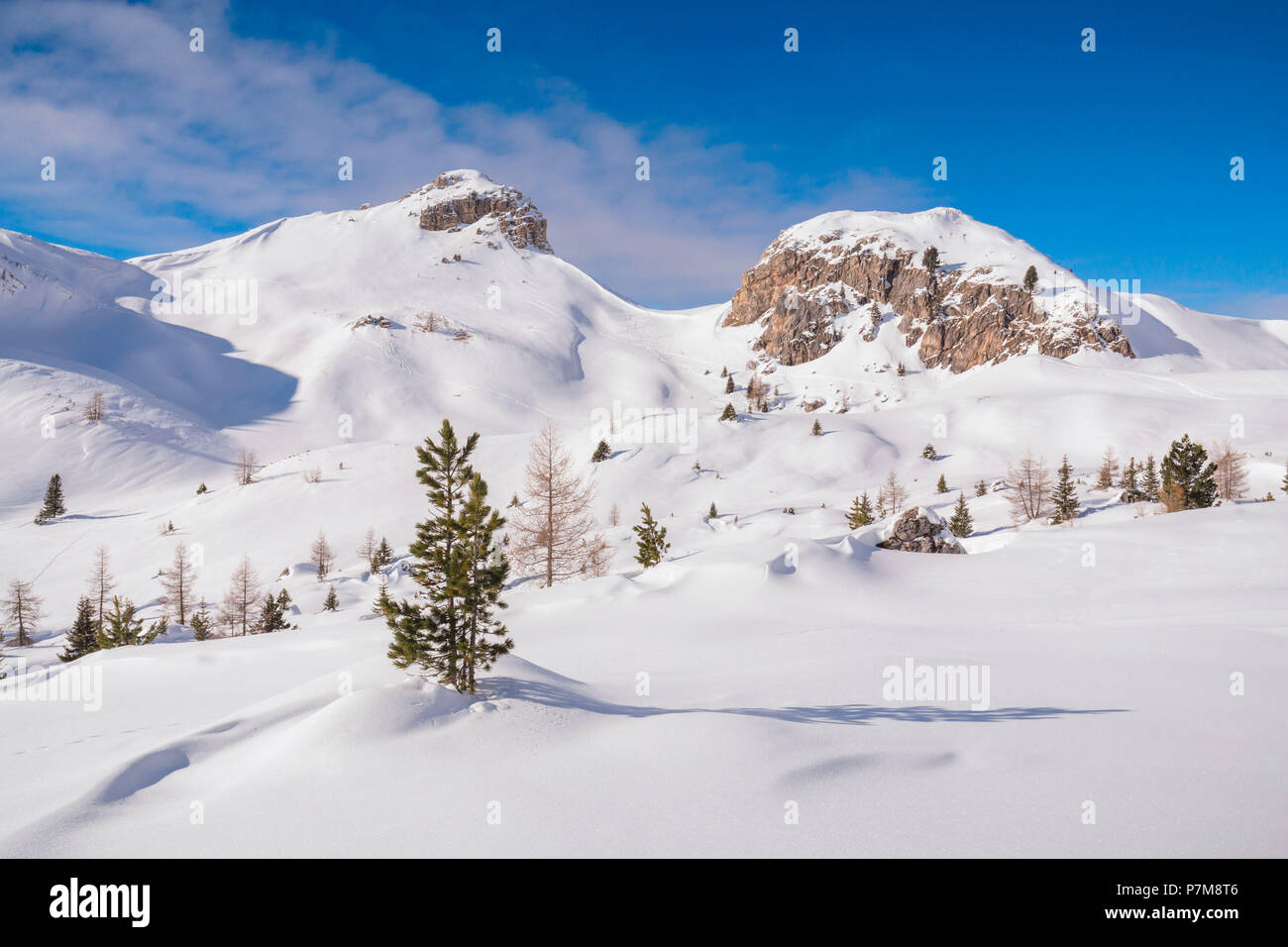 The snowy fields of Passo Valparola, Belluno, Veneto, Italy, Europe Stock Photo