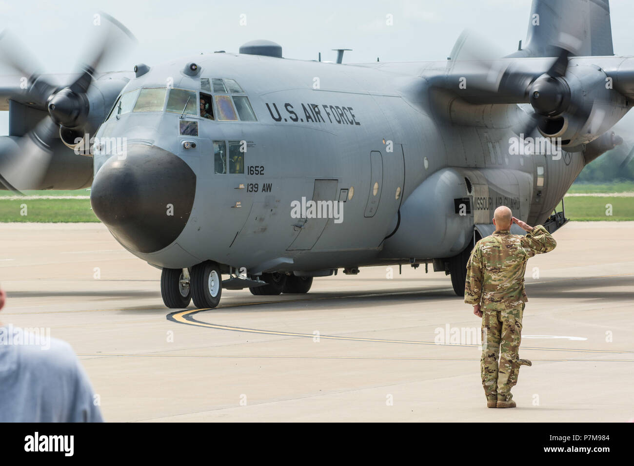 U.S. Airmen assigned to the 139th Airlift Wing, Missouri Air National Guard, return home from an overseas deployment July 5, 2018 at Rosecrans Air National Guard Base, St. Joseph, Mo. The Airmen were supporting the unit’s C-130 Hercules airlift mission in the U.S. Air Force Central Command area of responsibility. (U.S. Air National Guard photo by Master Sgt. Michael Crane) Stock Photo