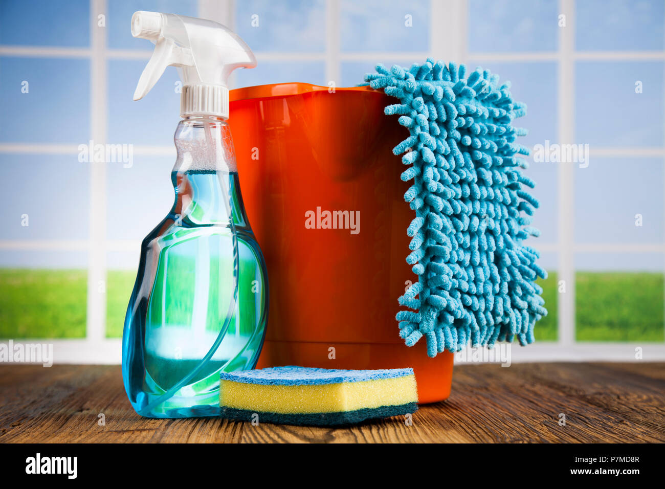 House Cleaning Product And Window Background Stock Photo - Alamy