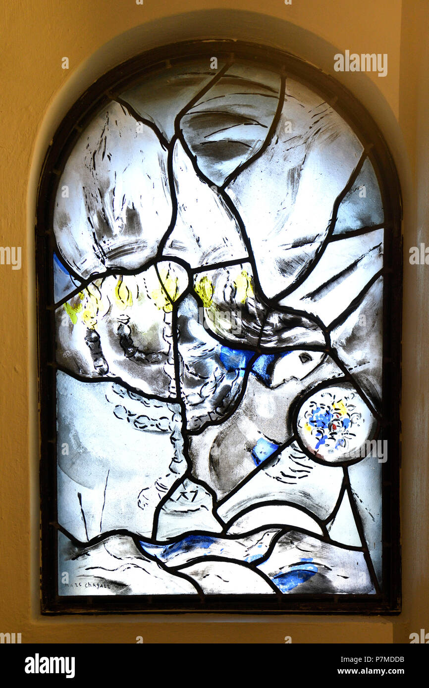France, Haute Savoie, plateau d'Assy, Passy, Notre Dame de Toute Grace church, Baptistry, stained glass of Marc Chagall Stock Photo