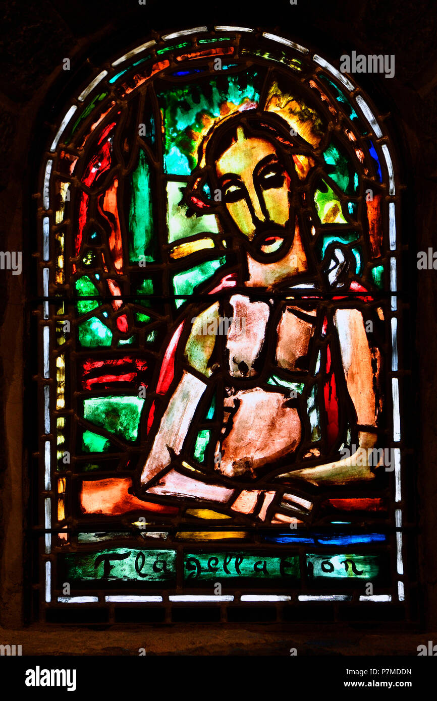 France, Haute Savoie, plateau d'Assy, Passy, Notre Dame de Toute Grace church, stained glass of the Scourging by Georges Rouault Stock Photo