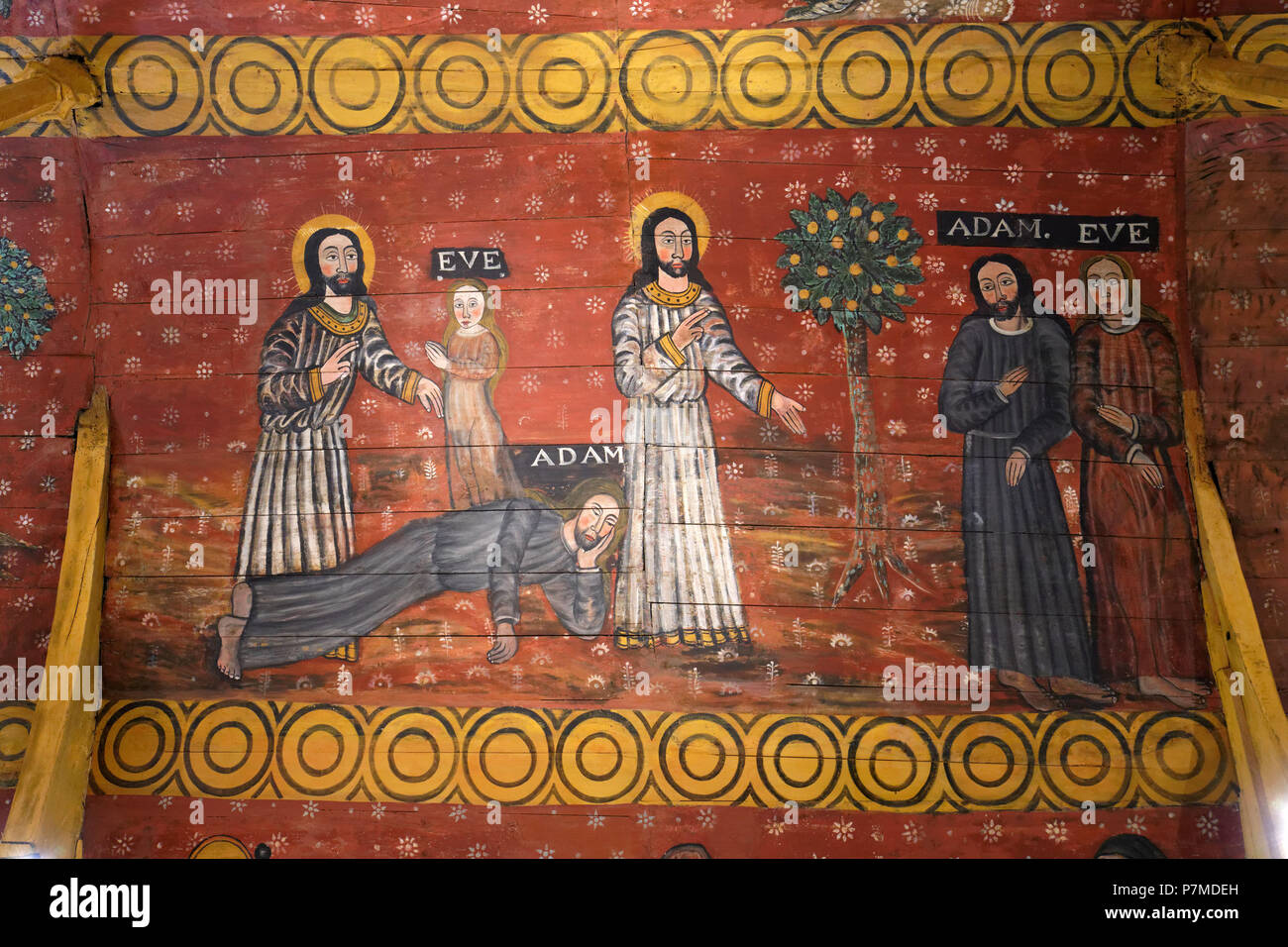 France, Cotes d'Armor, Plougrescant, chapel of St Gonery, painted vault, the Creation of Eve starting from a coast of Adam and the episode of the prohibition of the forbidden fruit Stock Photo