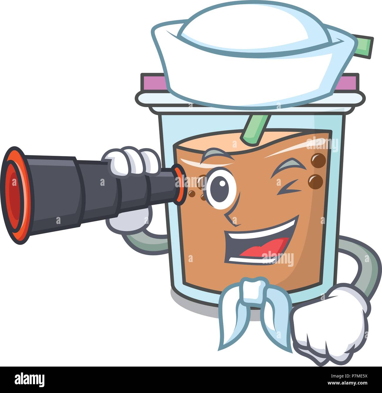 Sailor with binocular bubble tea mascot cartoon vector illustration Stock Vector