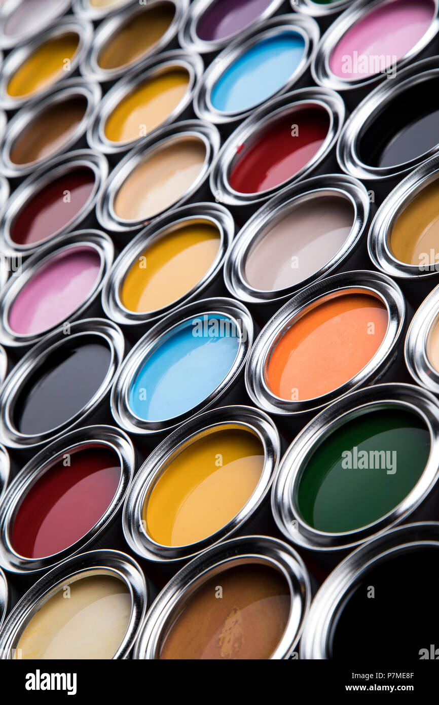 Creativity concept group of tin metal cans with color paint Stock Photo ...