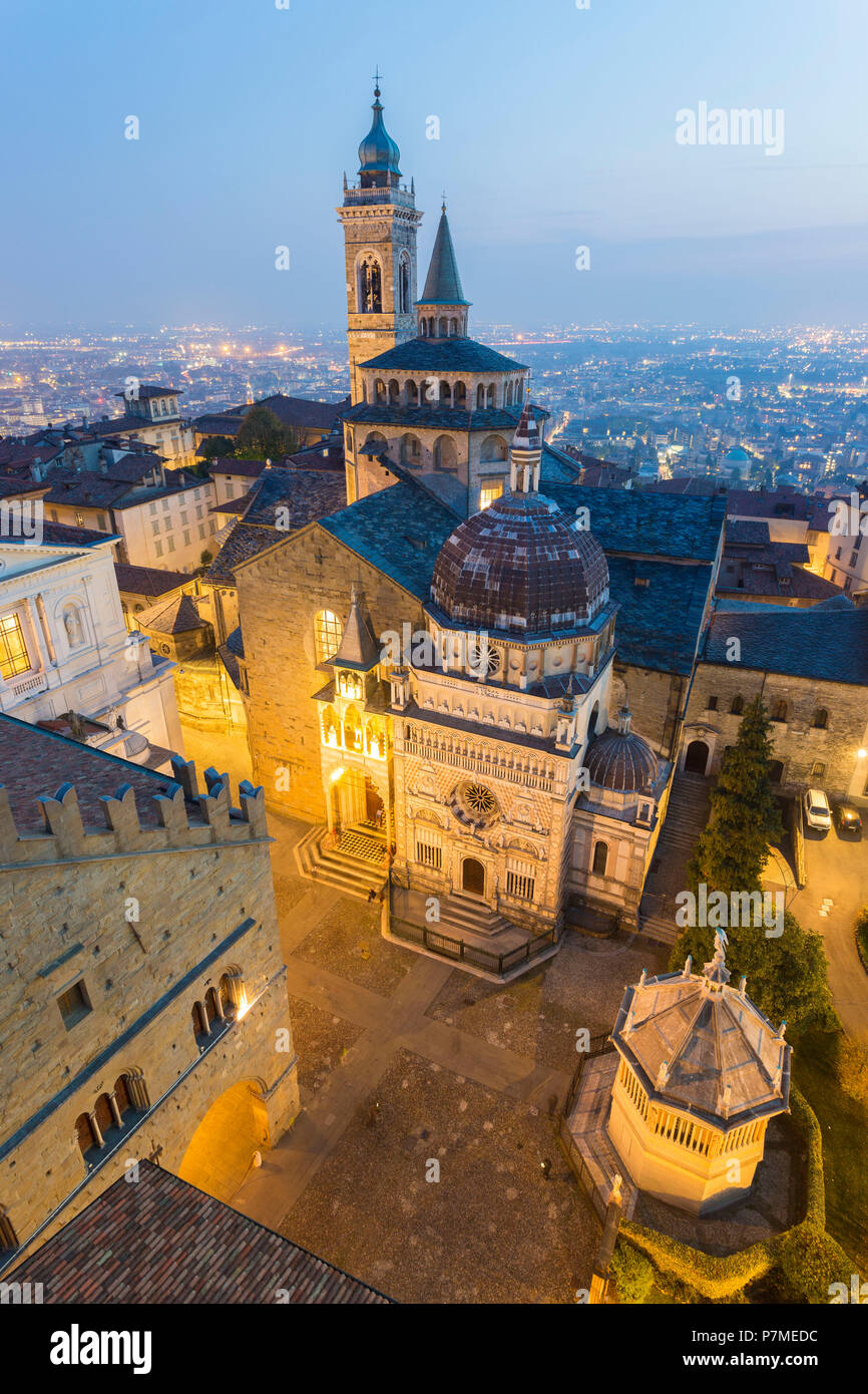 Cathedral of Bergamo with Basilica of Santa Maria Maggiore from above at dusk, Bergamo, Upper town, Lombardy, Italy, Stock Photo