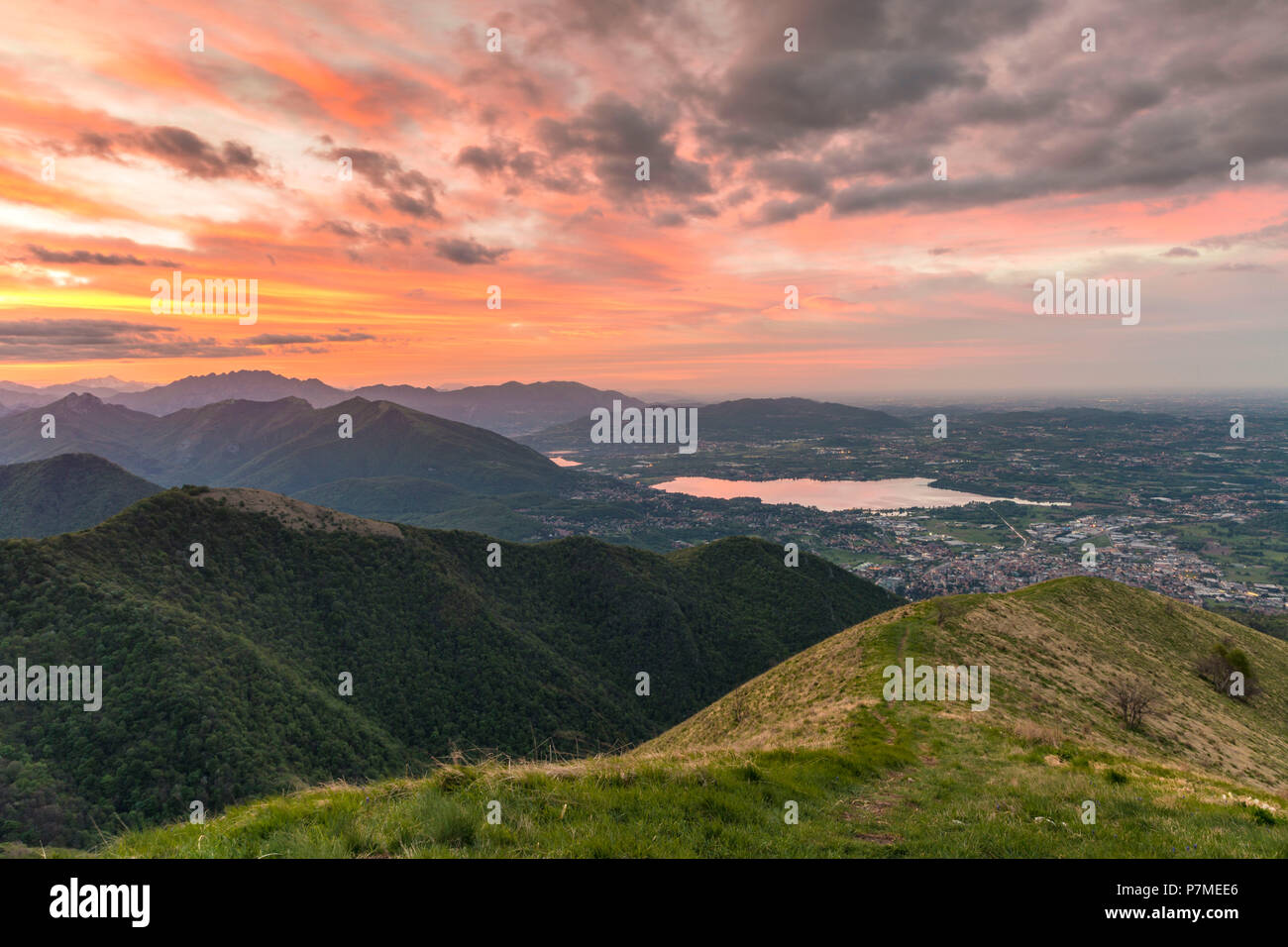 Lake Alserio viewed from Monte Bollettone at sunrise, Como province, Lombardy, Italy Stock Photo