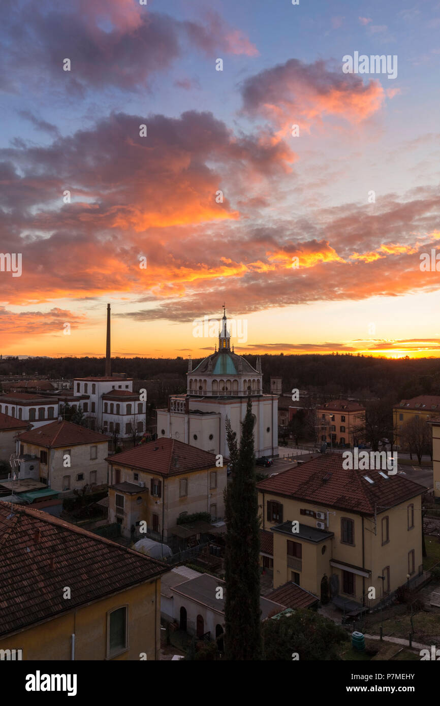 Winter sunset over the model worker village of Crespi d'Adda, Unesco World Heritage Site. Capriate San Gervasio, Bergamo province, Lombardy, Italy, Stock Photo