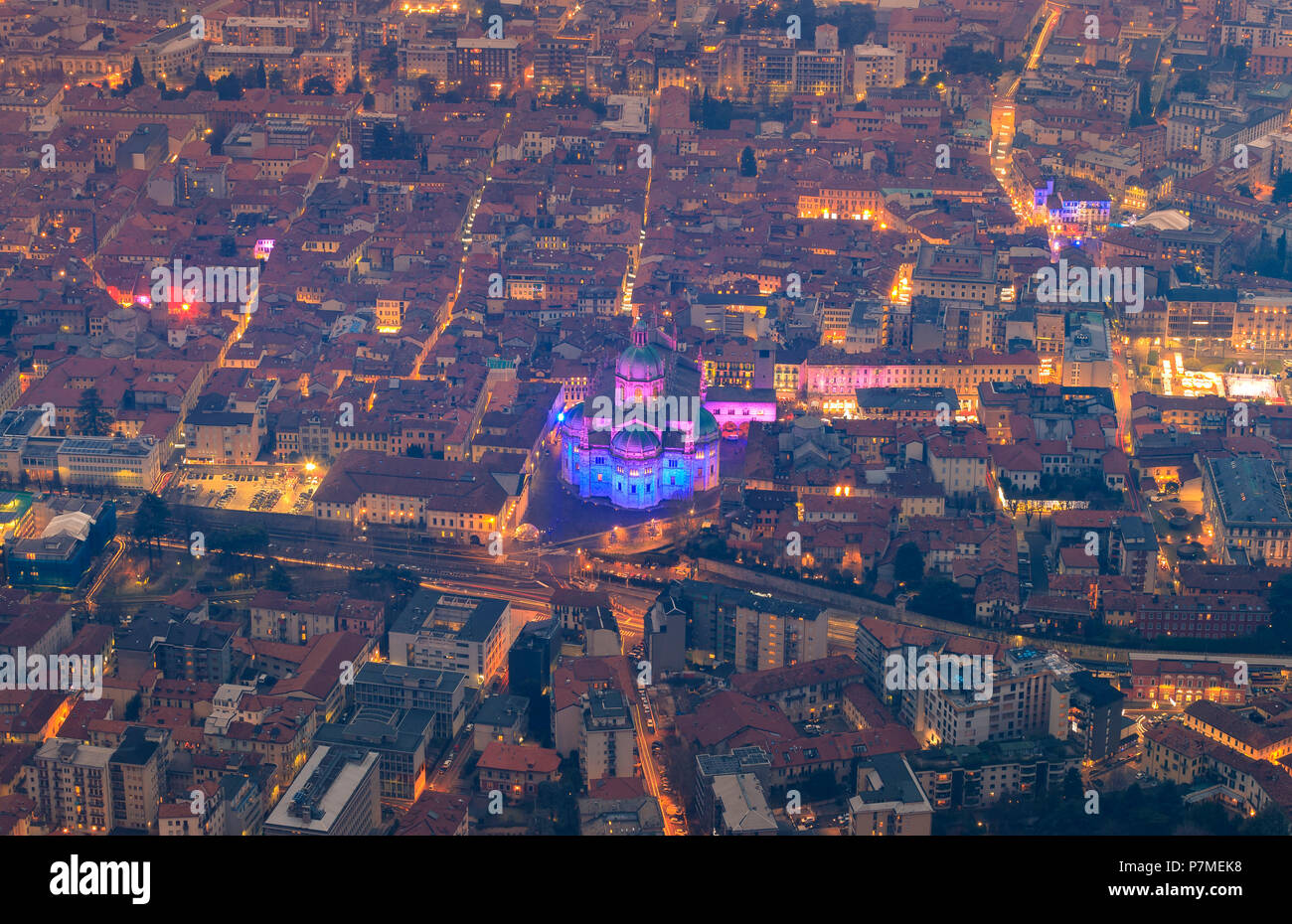 Cathedral of Como / Duomo, and other monuments of the city from above, during light festival called 'La Città dei Balocchi'. Como, Como Lake, Lombardy, Italy, Europe, Stock Photo