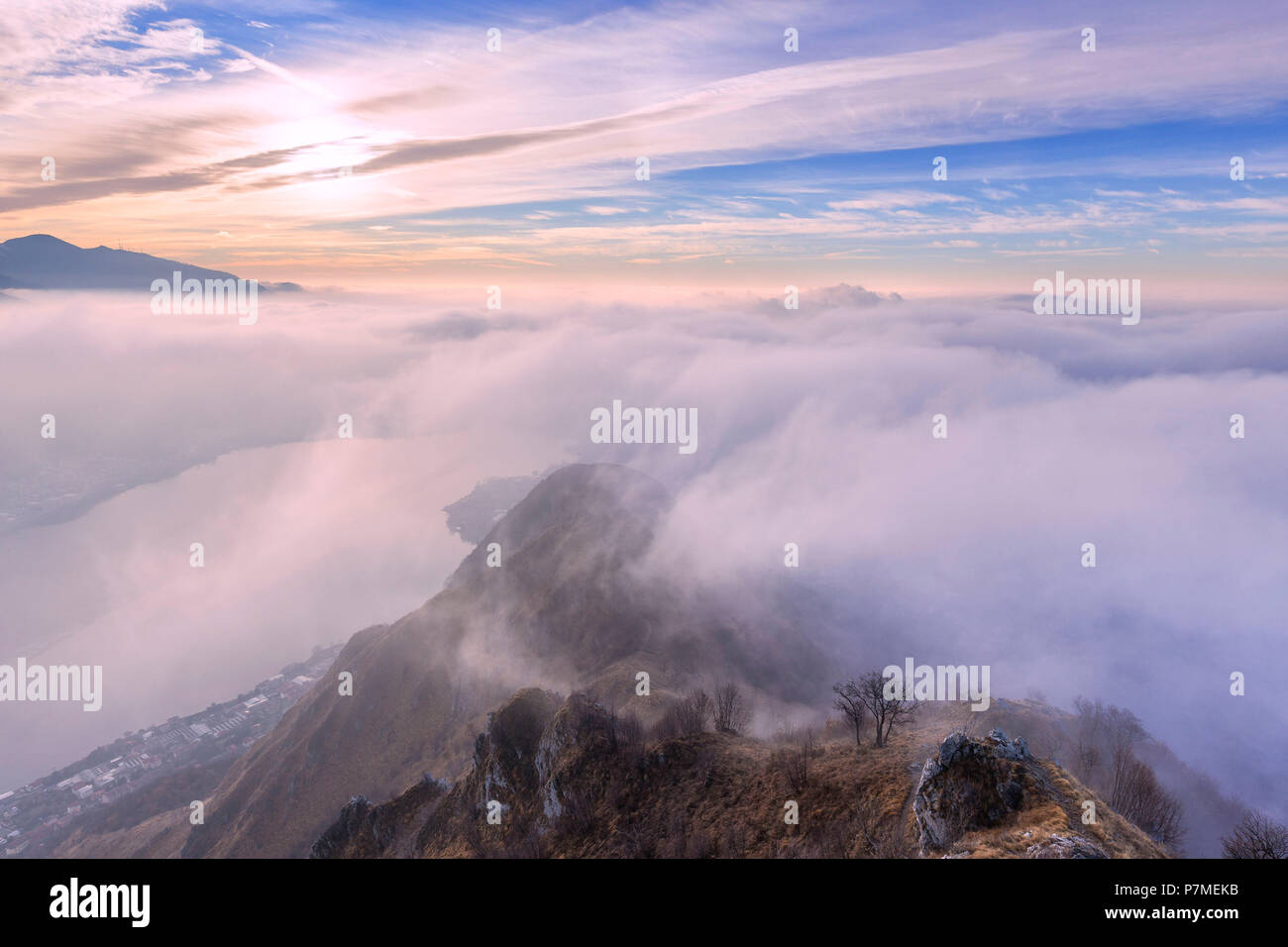 Foggy morning from the top of Monte Barro, Monte Barro Regional Park, Brianza, Lombardy, Italy, Europe, Stock Photo