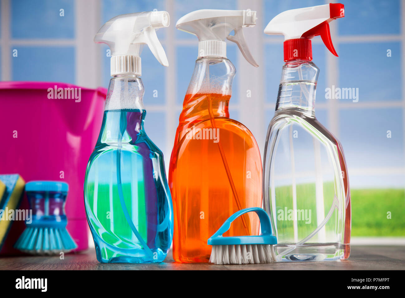 Cleaning Equipment and window background Stock Photo - Alamy