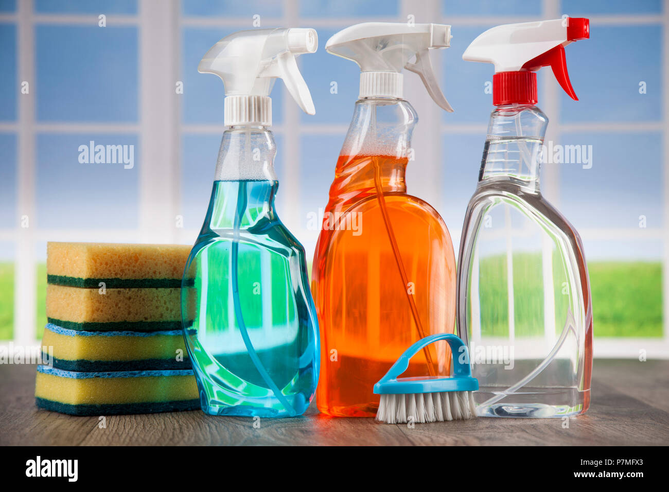 Cleaning Equipment and window background Stock Photo - Alamy