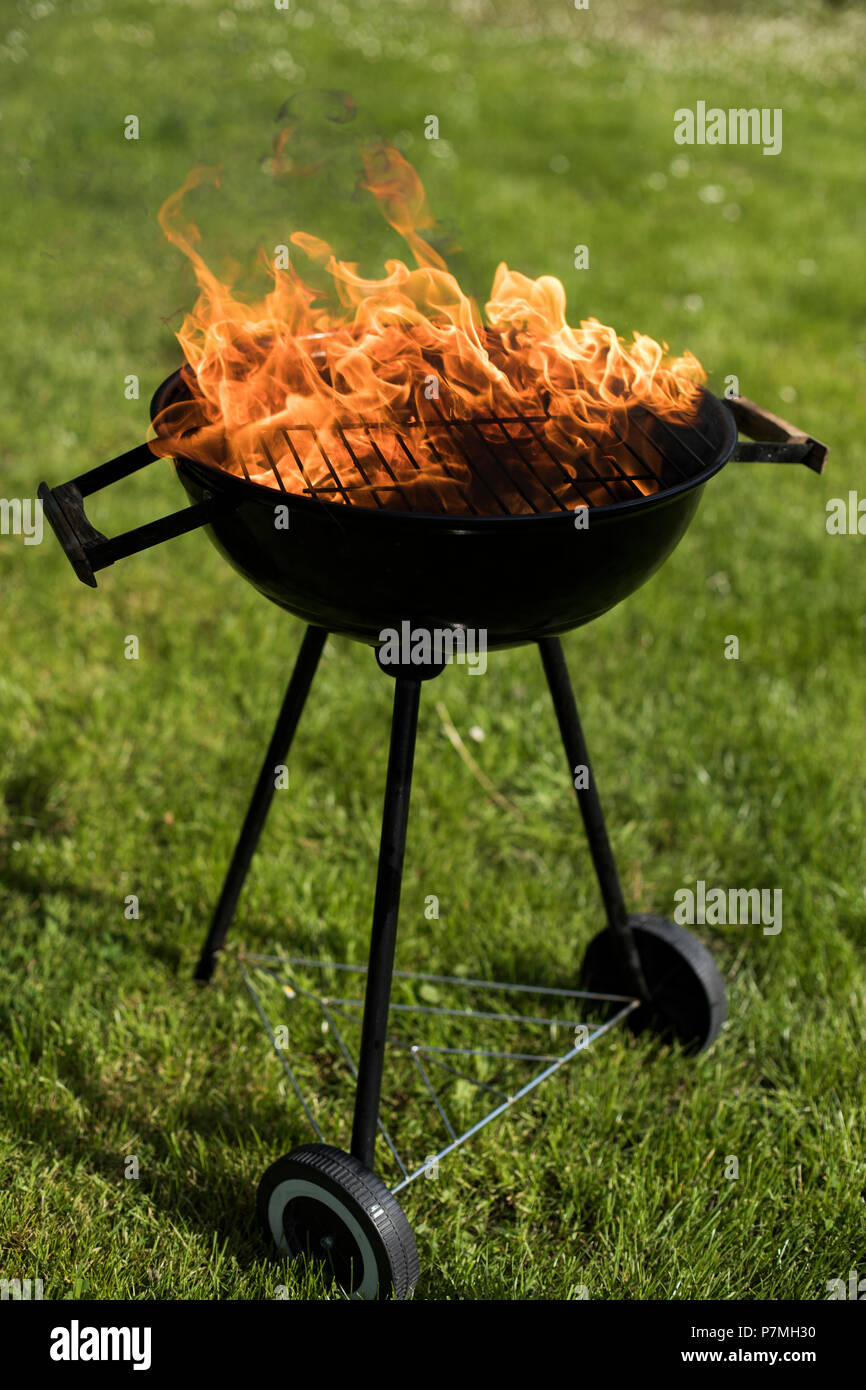 Barbecue grill with fire on nature, outdoor, close up Stock Photo Alamy