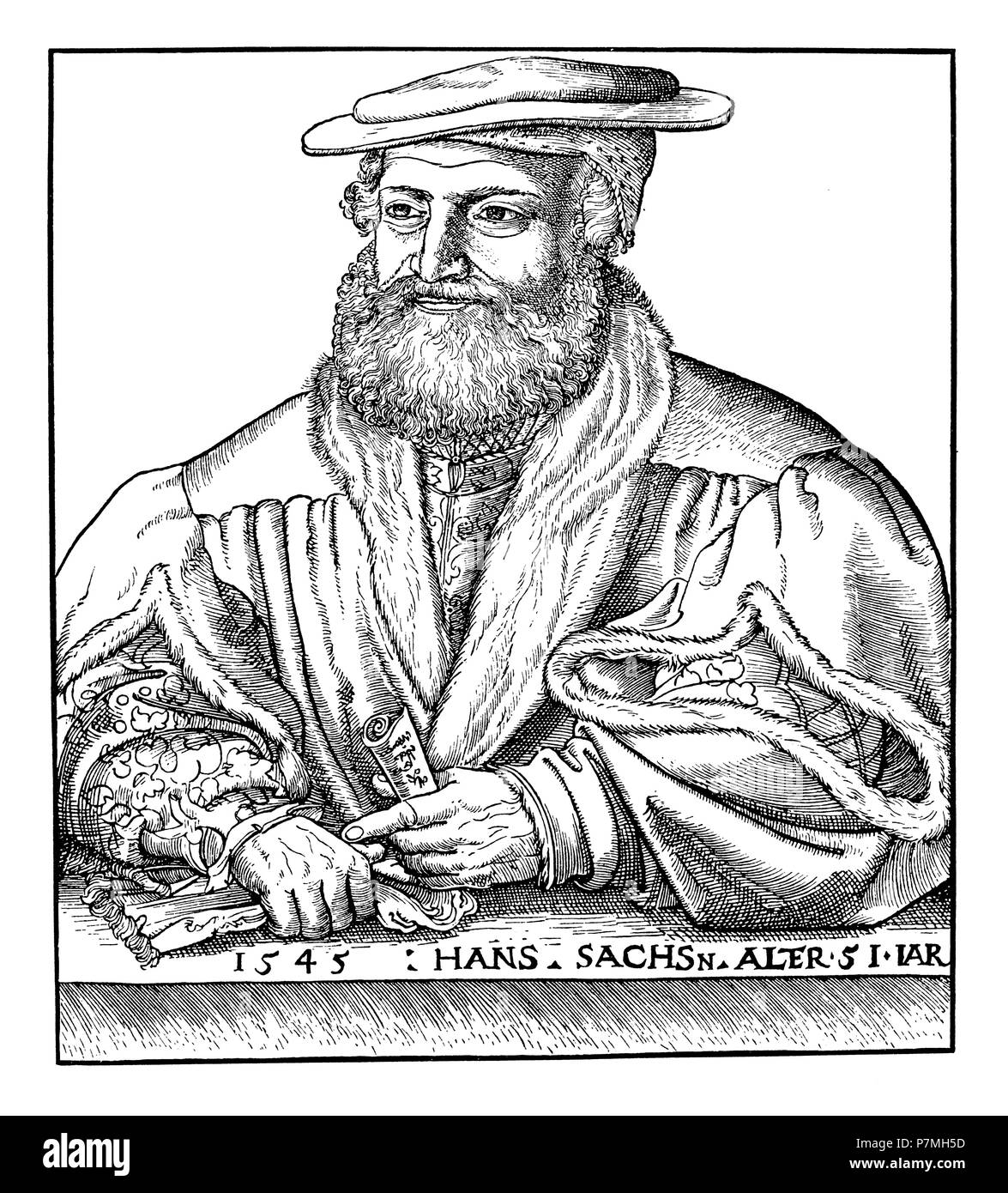 Hans Sachs in the 51st year of life. Woodcut by Hans Brosamer (1506 to ca. 1554), Hans Brosamer  1910 Stock Photo