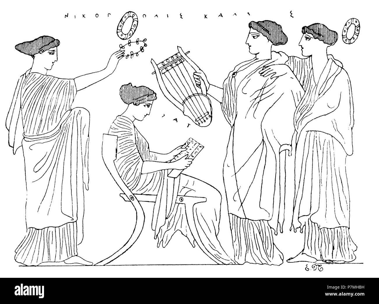 Sappho in the circle of her playmates. Athenian vase picture,   1895 Stock Photo