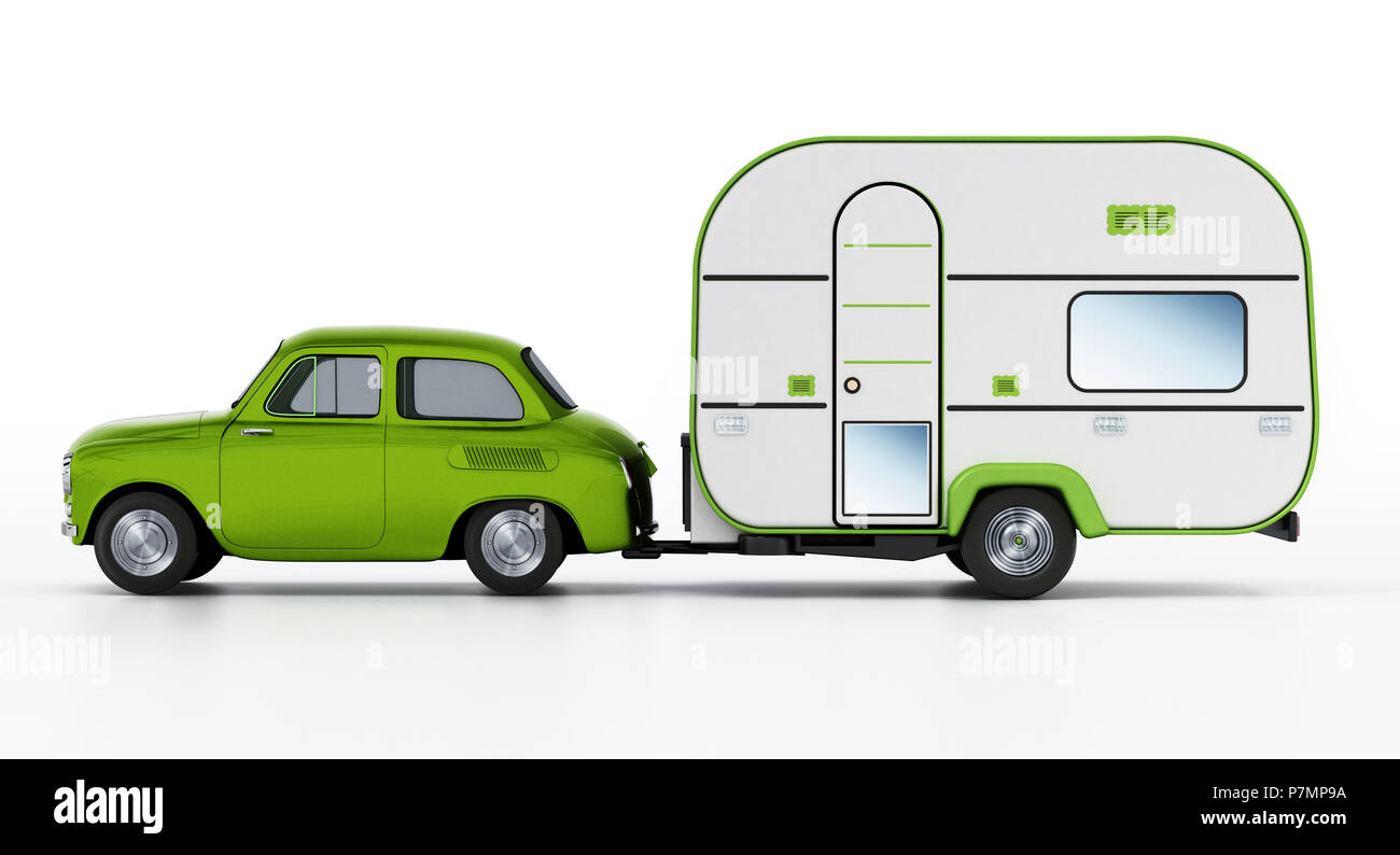 Green vintage car with caravan. Isolated on white background. 3D illustration. Stock Photo