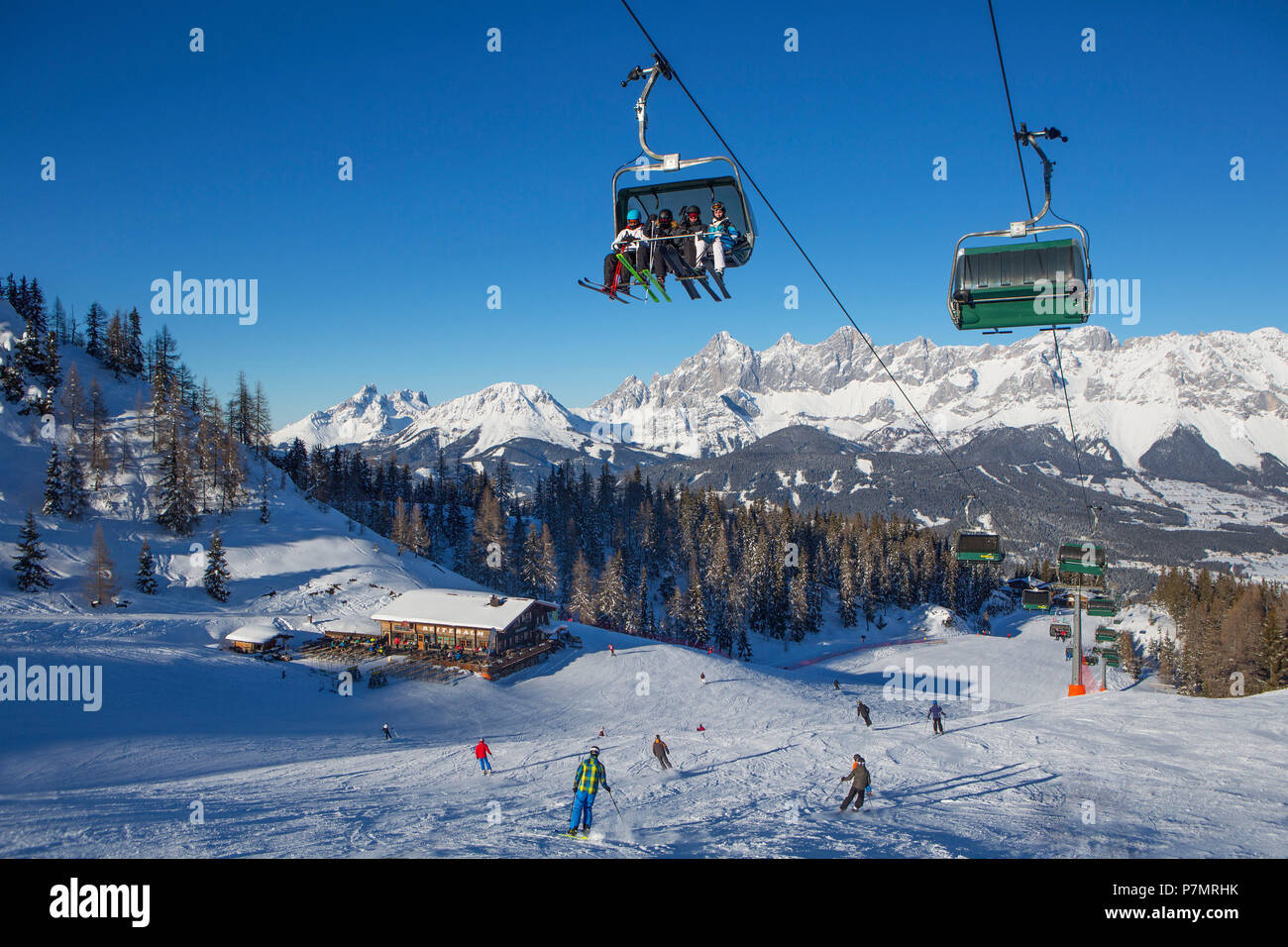 Austria, Styria, Liezen district, Schladming, Gleiming, Reiteralm, Reiteralm ski area, Seppn Jet, view to the Dachstein massif, Stock Photo