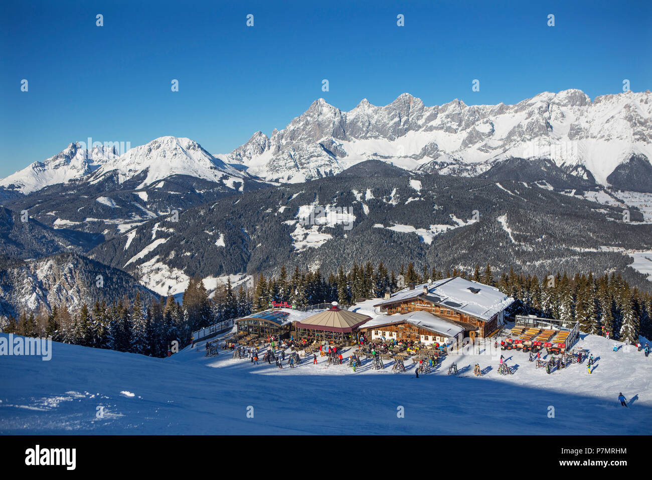 Austria, Styria, Liezen district, Schladming, Gleiming, Reiteralm, Reiteralm ski area, Hochalm, view of the Dachstein massif, Stock Photo