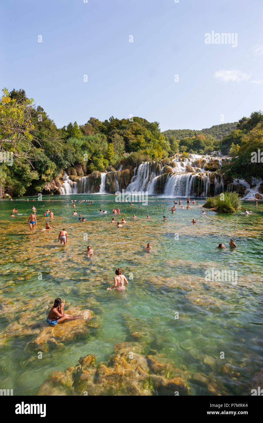 Croatia, Dalmatia, Central Dalmatia, Krka National Park, Sibenik, Nature Reserve, Cascades, Bathers, Stock Photo