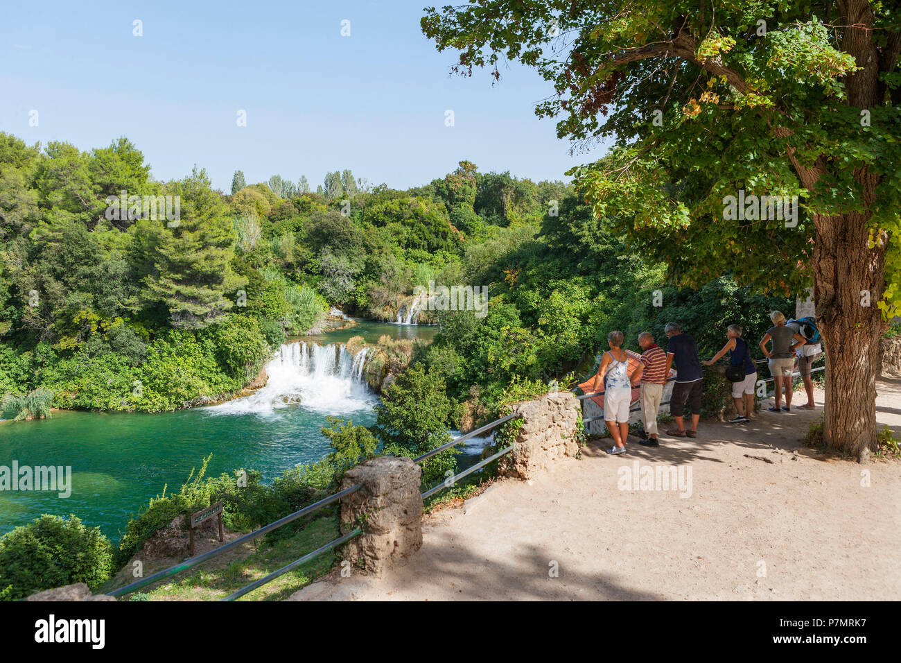 Croatia, Dalmatia, Central Dalmatia, Krka National Park, Sibenik, Nature Reserve, Cascades, Lookout, Tourists, Stock Photo