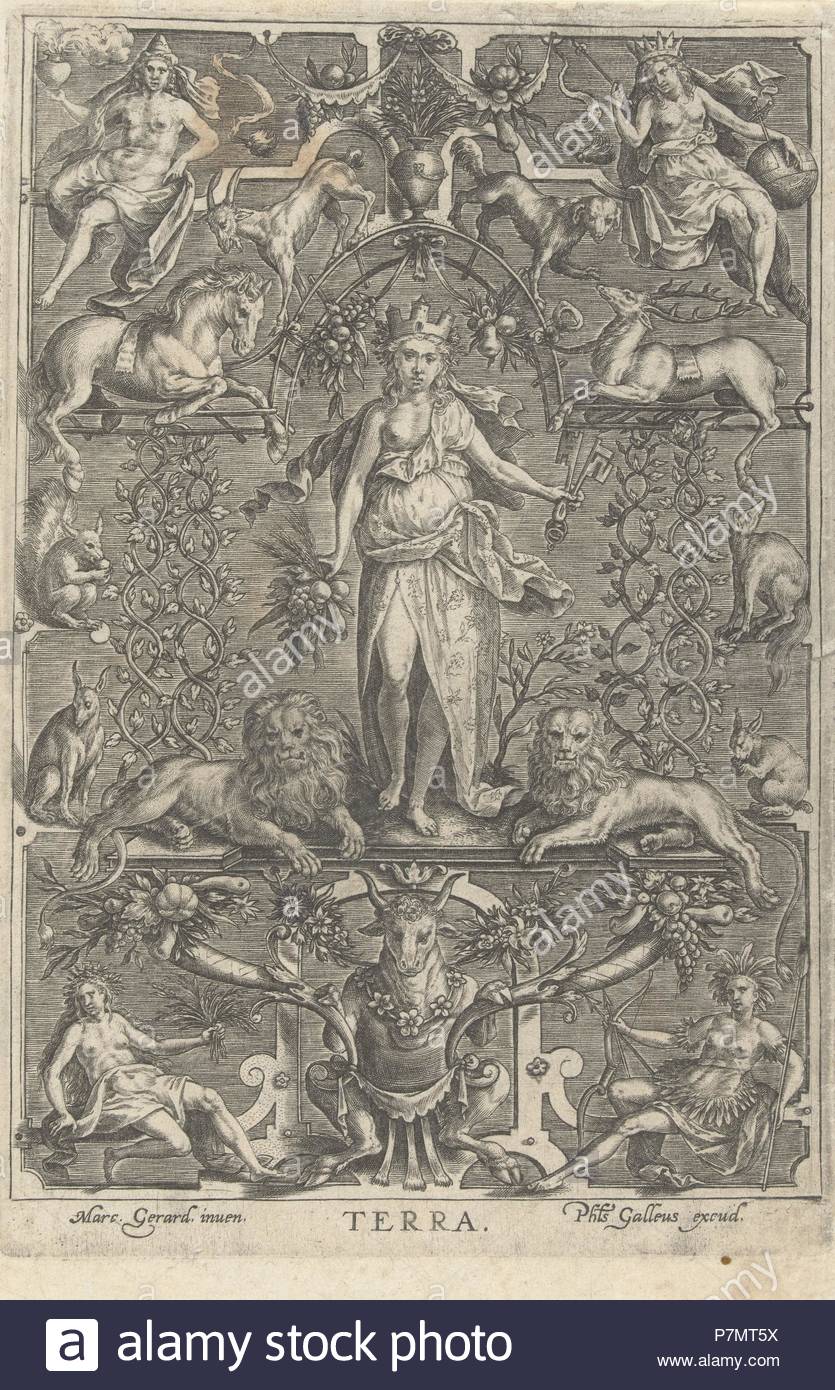 The Earth, in frame of grotesques, Anonymous, Marcus Geraerts, Philips Galle, 1547 - 1612.