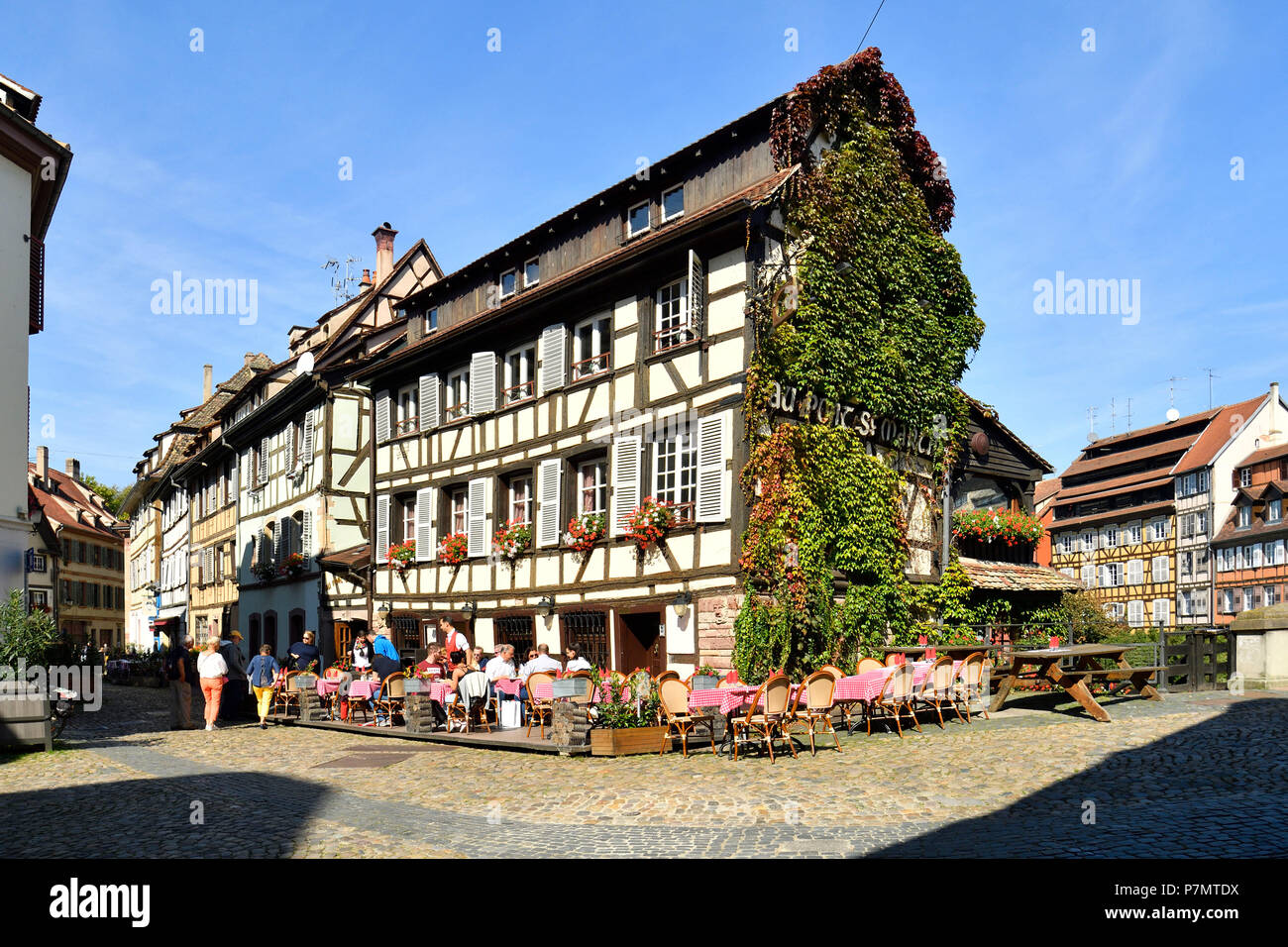 France, Bas Rhin, Strasbourg, old town listed as World Heritage by UNESCO, the Petite France District with the 'Au Pont Saint Martin' restaurant Stock Photo