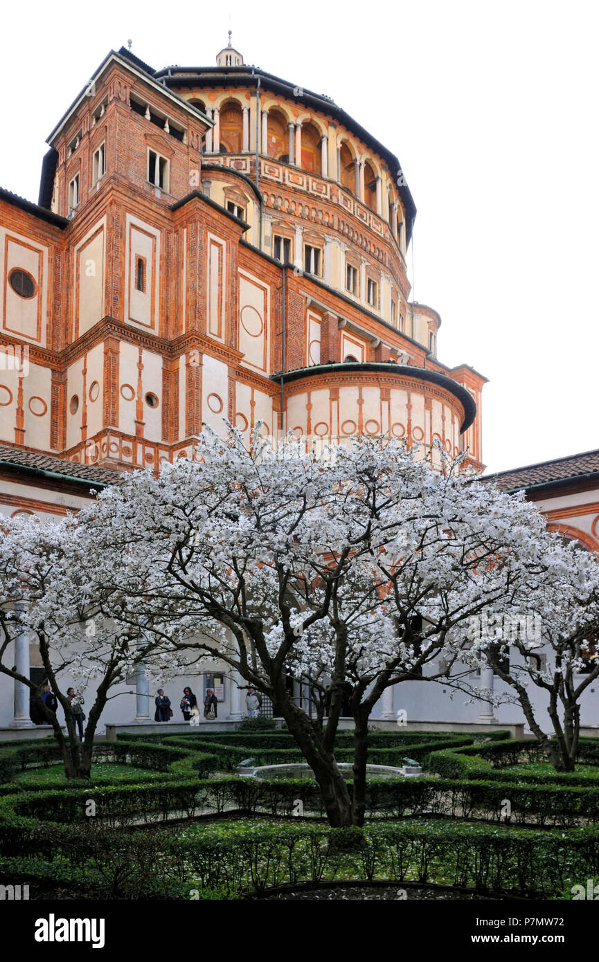 Italy, Lombardy, Milan, Magenta district, Church of Saint Maria delle Grazie (15th century), Renaissance style, listed as World Heritage by UNESCO, cupola realized by Bramante and the cloister Stock Photo