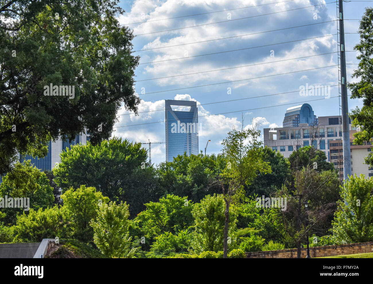 Duke Energy Center among other buildings with tree's/ nature; Charlotte, NC Stock Photo