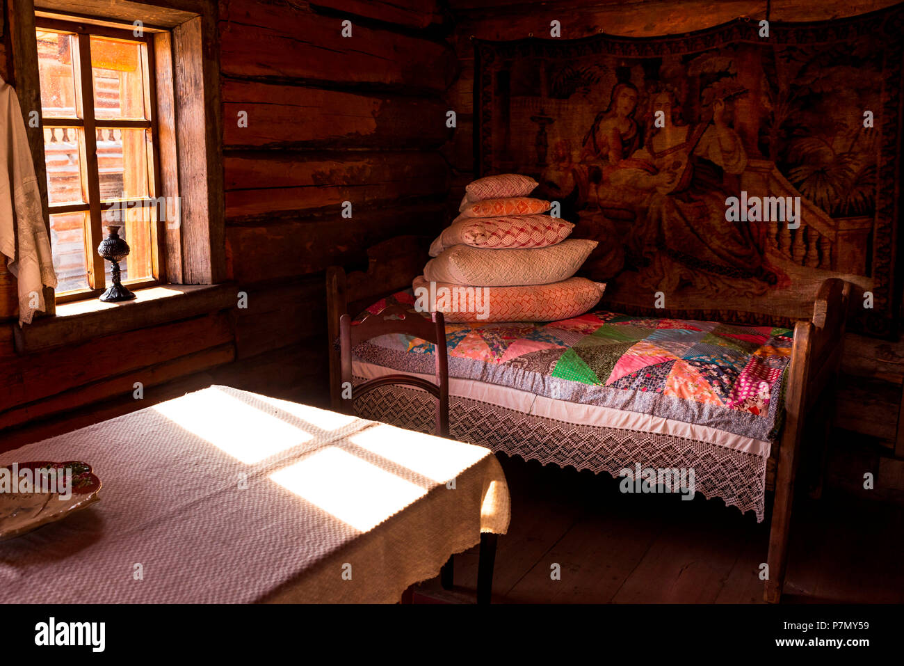 Reproduction of old traditional house in Russia, Taltsy Irkutsk region, Siberia, Russia Stock Photo