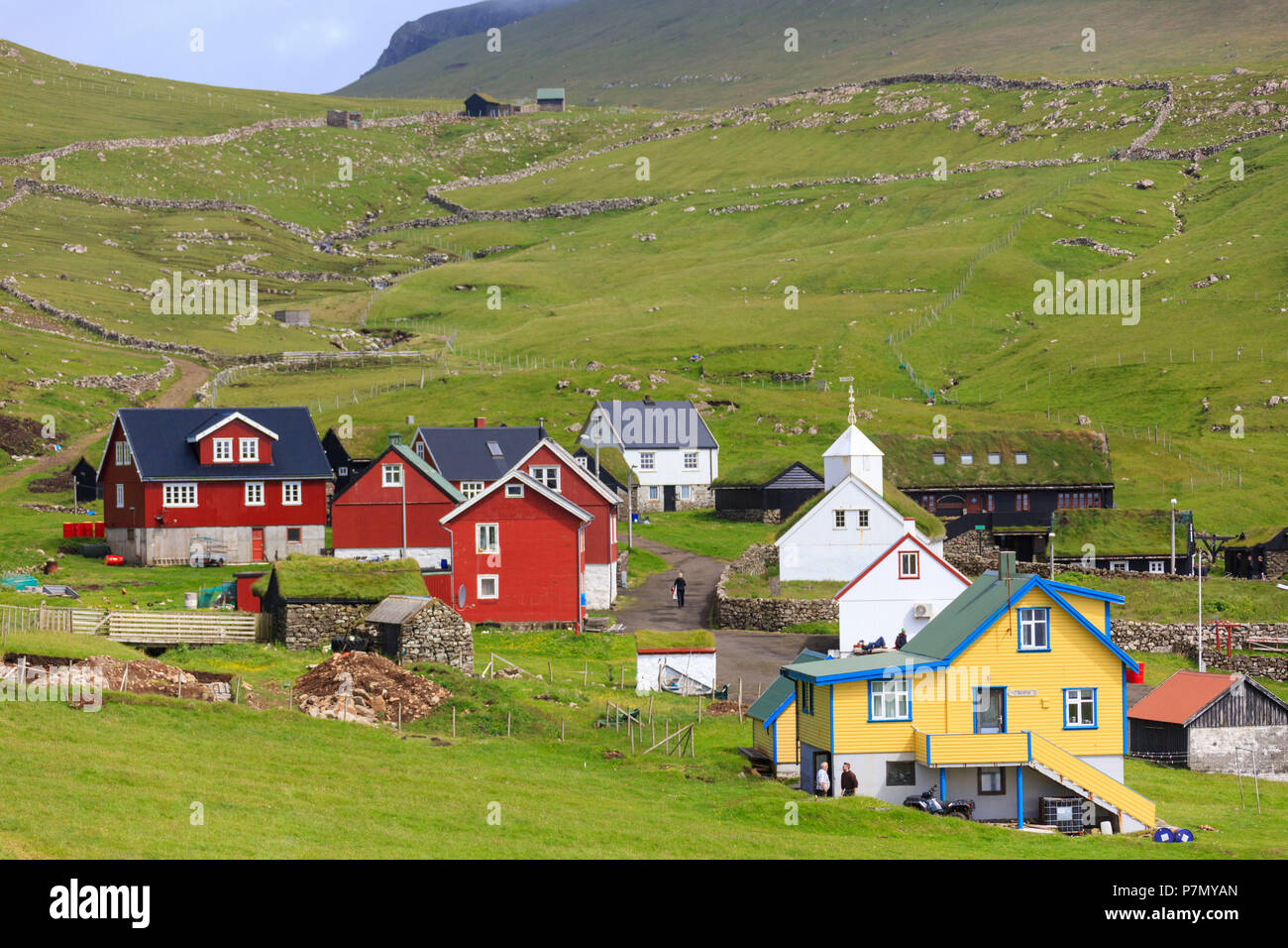 Traditional village of Mykines, Mykines island, Faroe Islands, Denmark Stock Photo